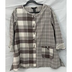 Ali Miles Plaid Button Top Brown‎ Ivory Artsy Lagenlook Blouse Sz Small